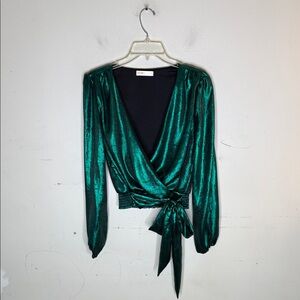 Intempo Shiny Green Faux Wrap Blouse Size Medium